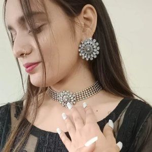 Silver Floral Design Jewelry Set, Oxidized Silver Choker Necklace With Earrings,